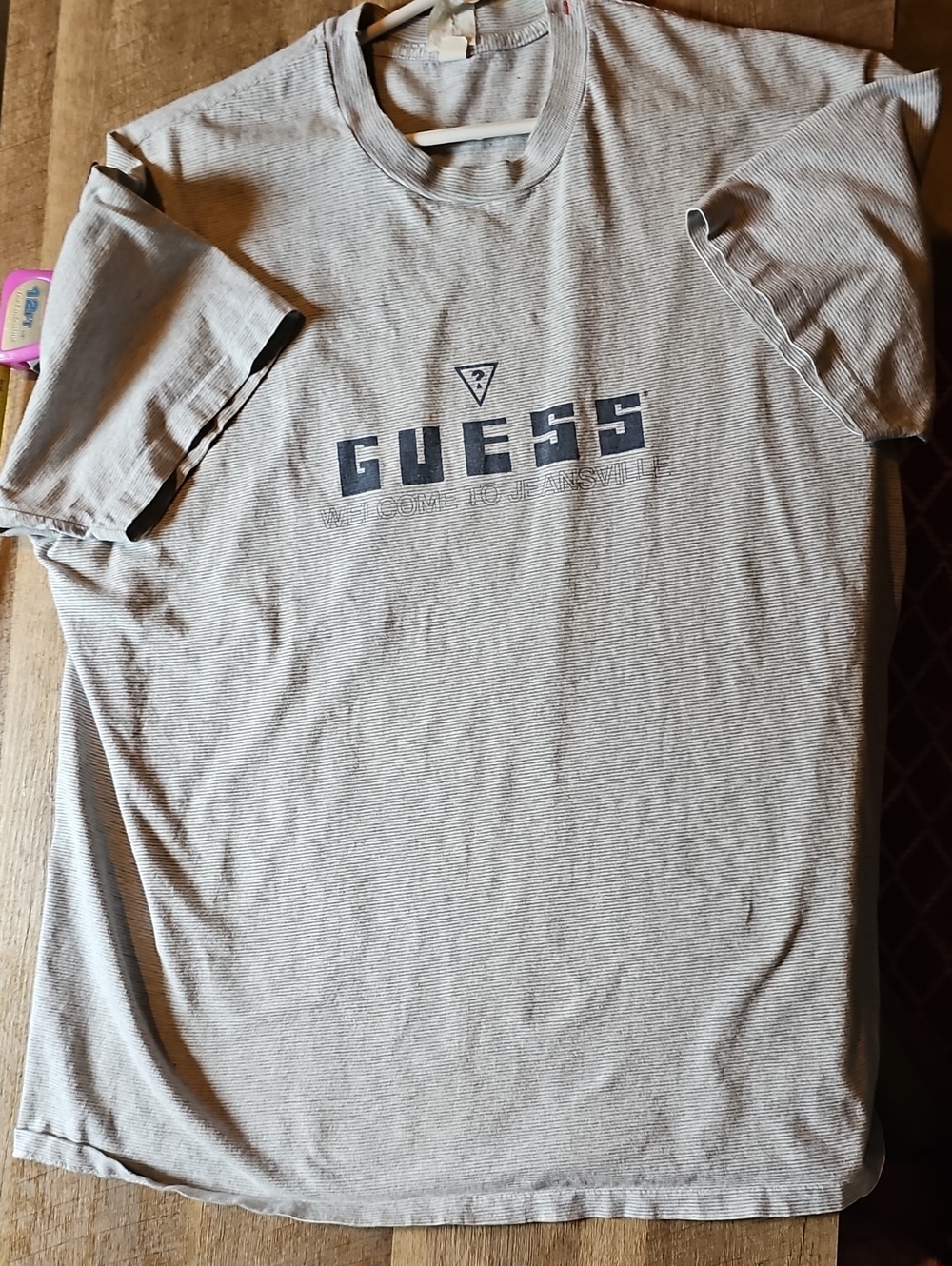 VTG 90s Guess Gray Striped Spellout T-Shirt